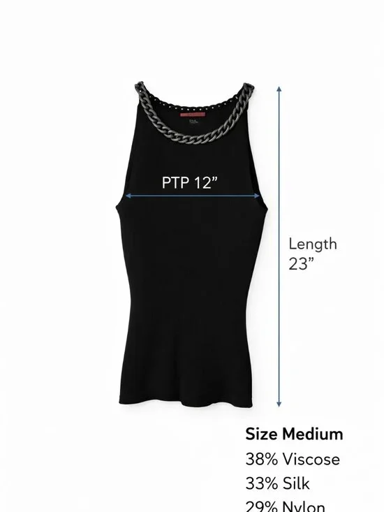 Carina Black Chain Strap Halter Tank Top Stretch Knit Size Medium Sleek Minimali - Picture 2 of 7